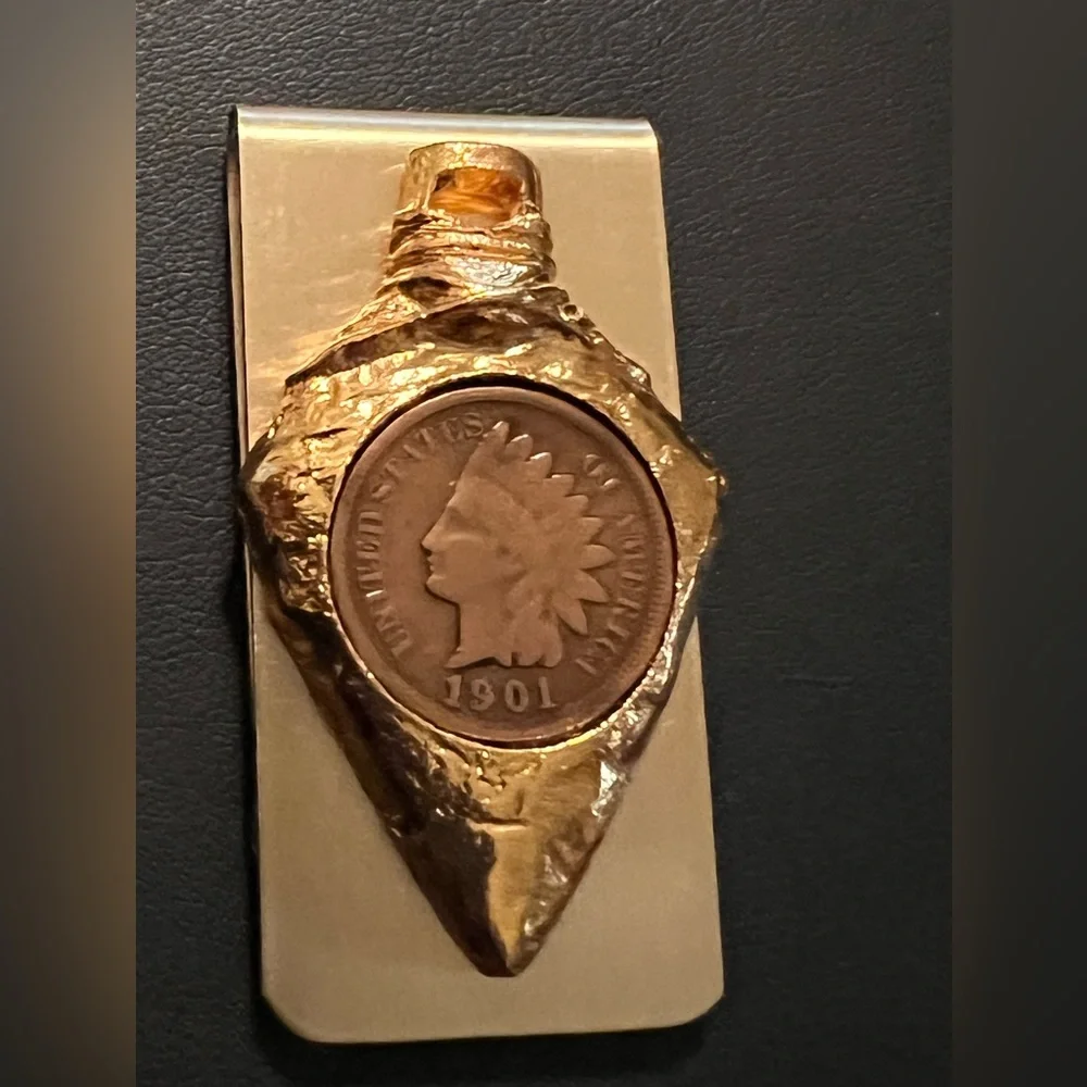 1901💥Rare~Vintage💥United States Indian Head Coin Gold Tone Money Clip